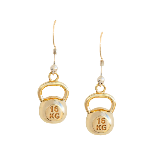 14k gold kettlebell earrings, with the standard 16kg weight for CrossFit workouts engraved.