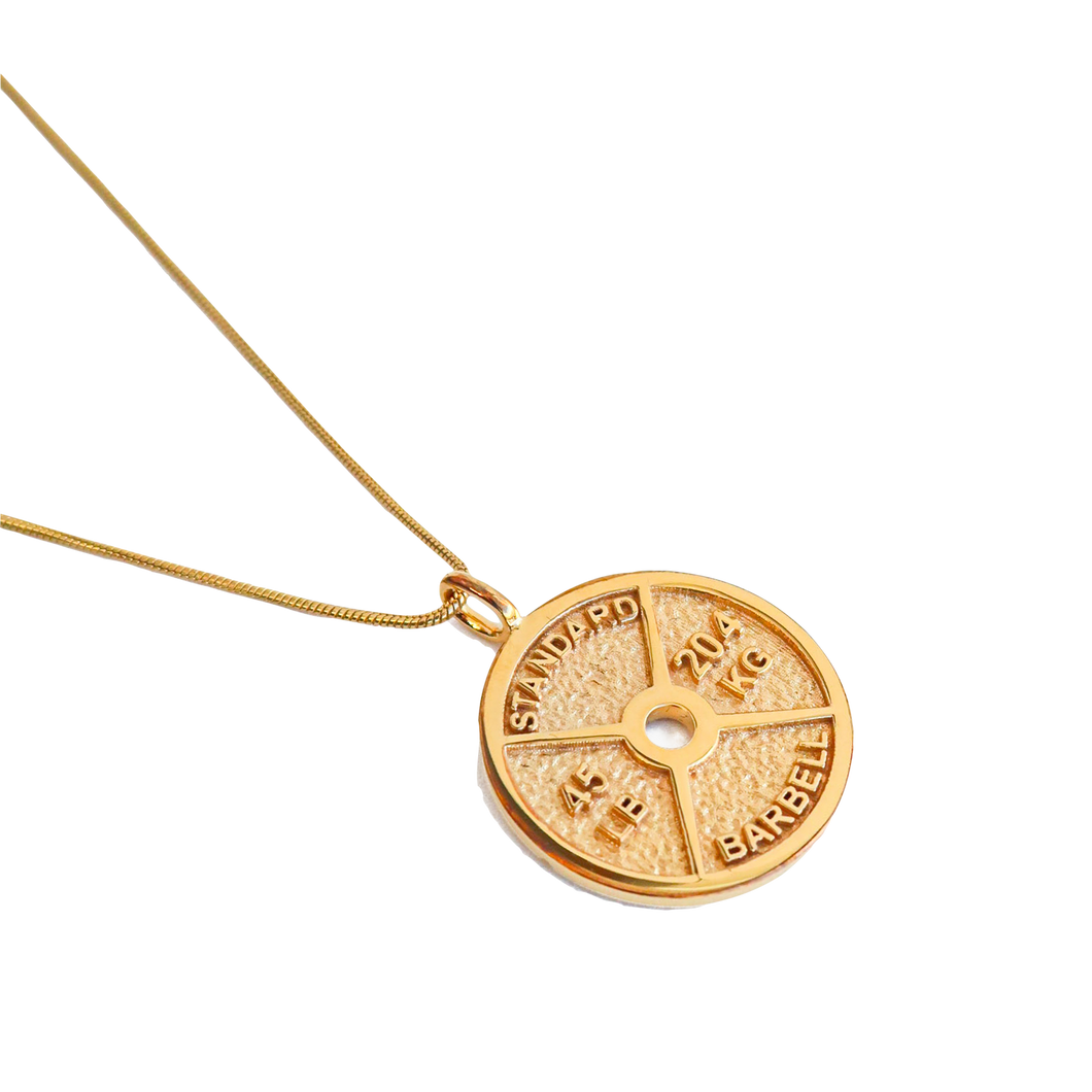 14k Gold Weight Plate Pendant on Gold Chain