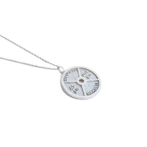 Silver weight plate pendant on silver chain