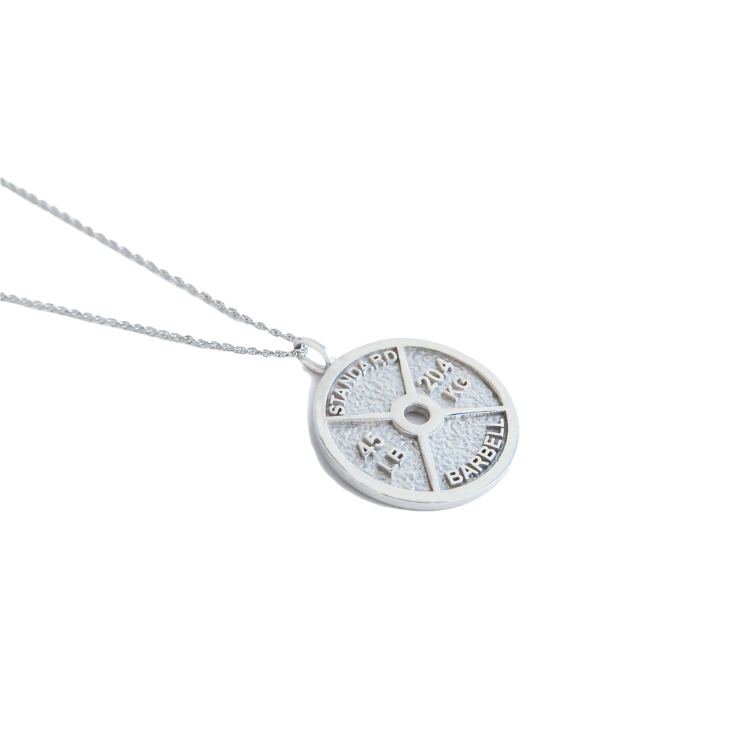 Silver weight plate pendant on silver chain